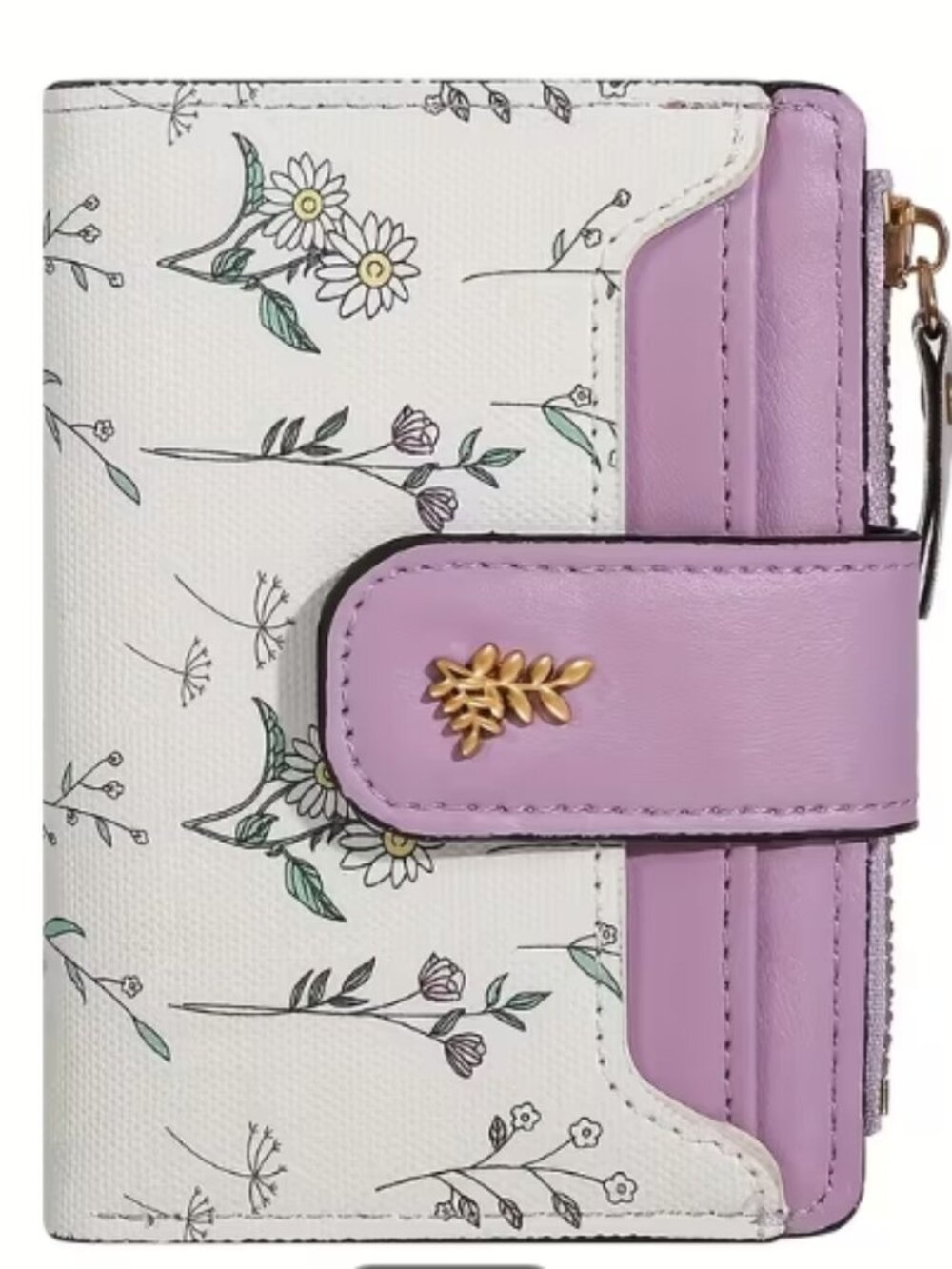 Purple Floral Print Bi-Fold Wallet w/ Snap Closure & Zippered Pocket NEW